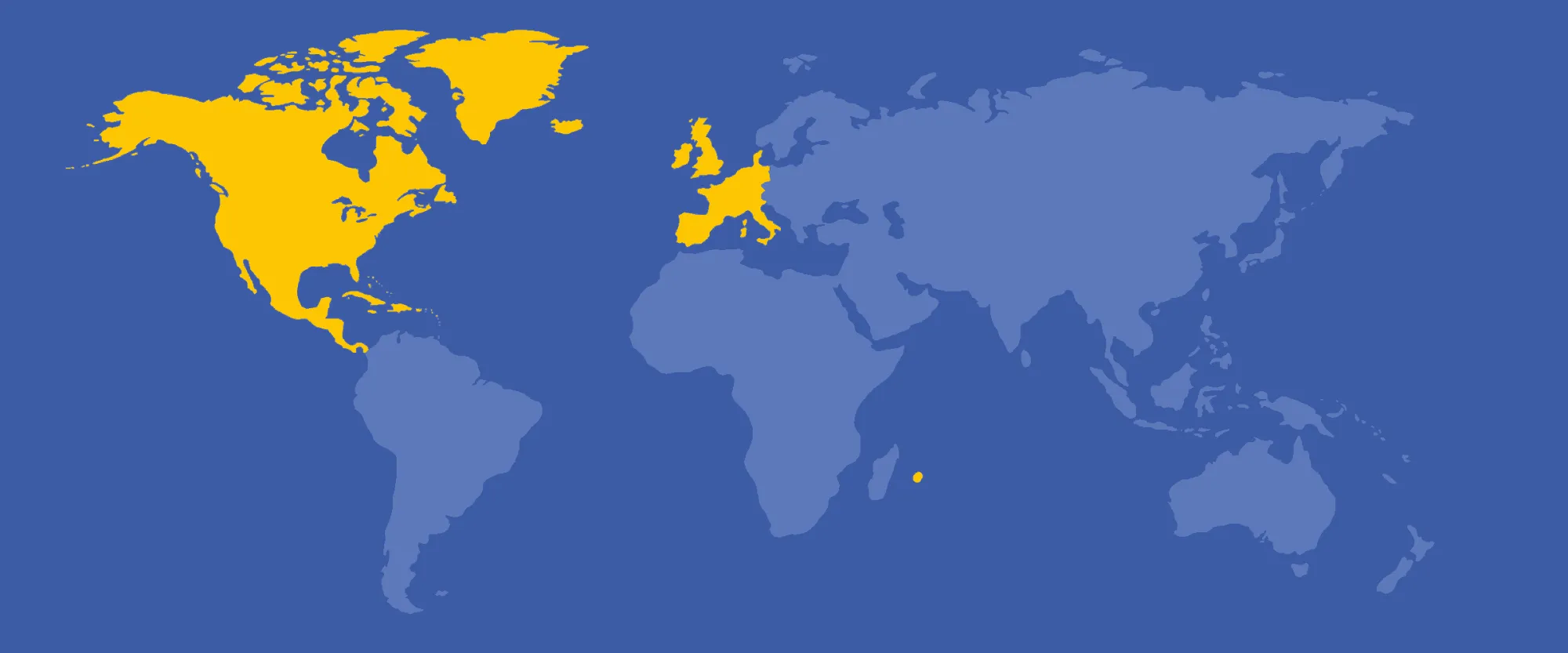 World map with the markets Quay 1 works in picked out in yellow: United Kingdom, Europe, America, Mauritius.